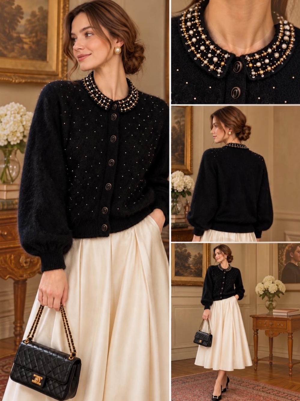 RARE Vintage 1990s Angora Beaded Cardigan XL | Black Embellished Sweater